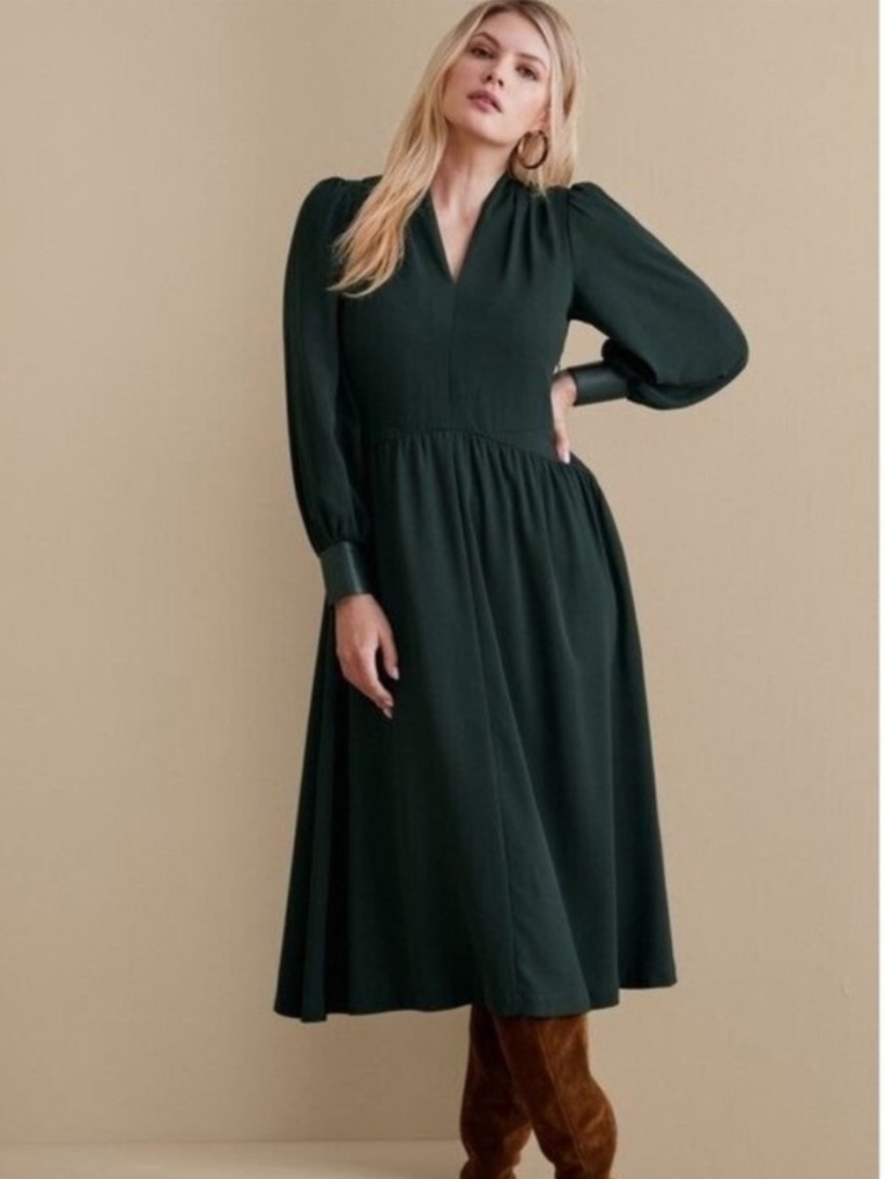 Soft Surroundings Forest Green V‑Neck Midi Dress Puff Sleeves